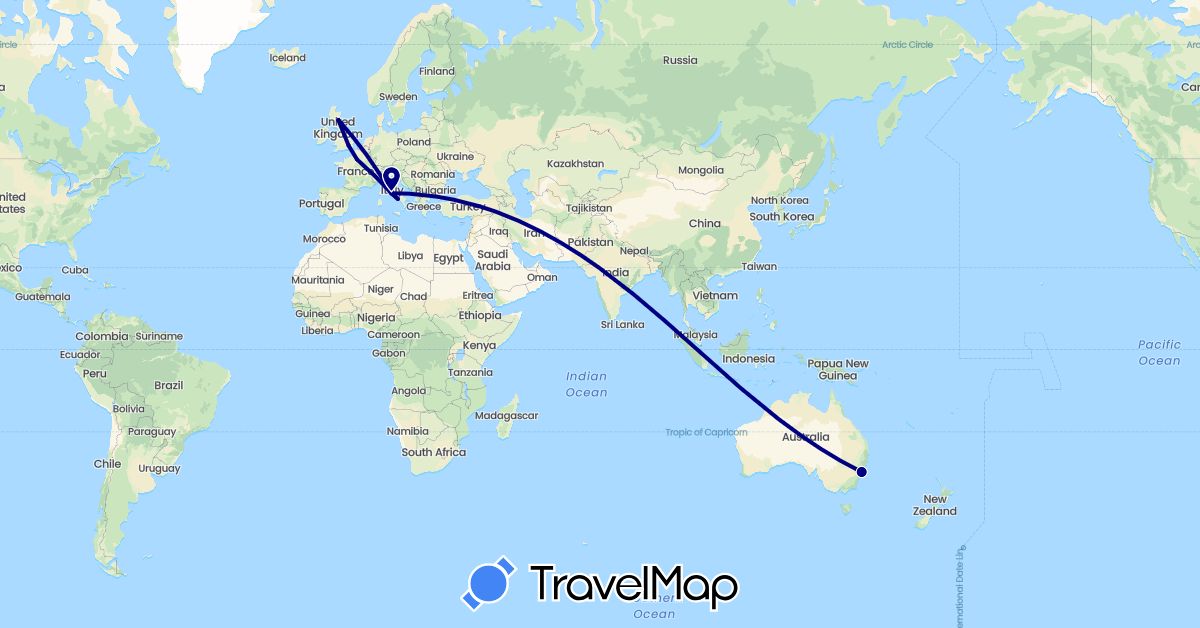 TravelMap itinerary: driving in Australia, France, United Kingdom, Italy (Europe, Oceania)